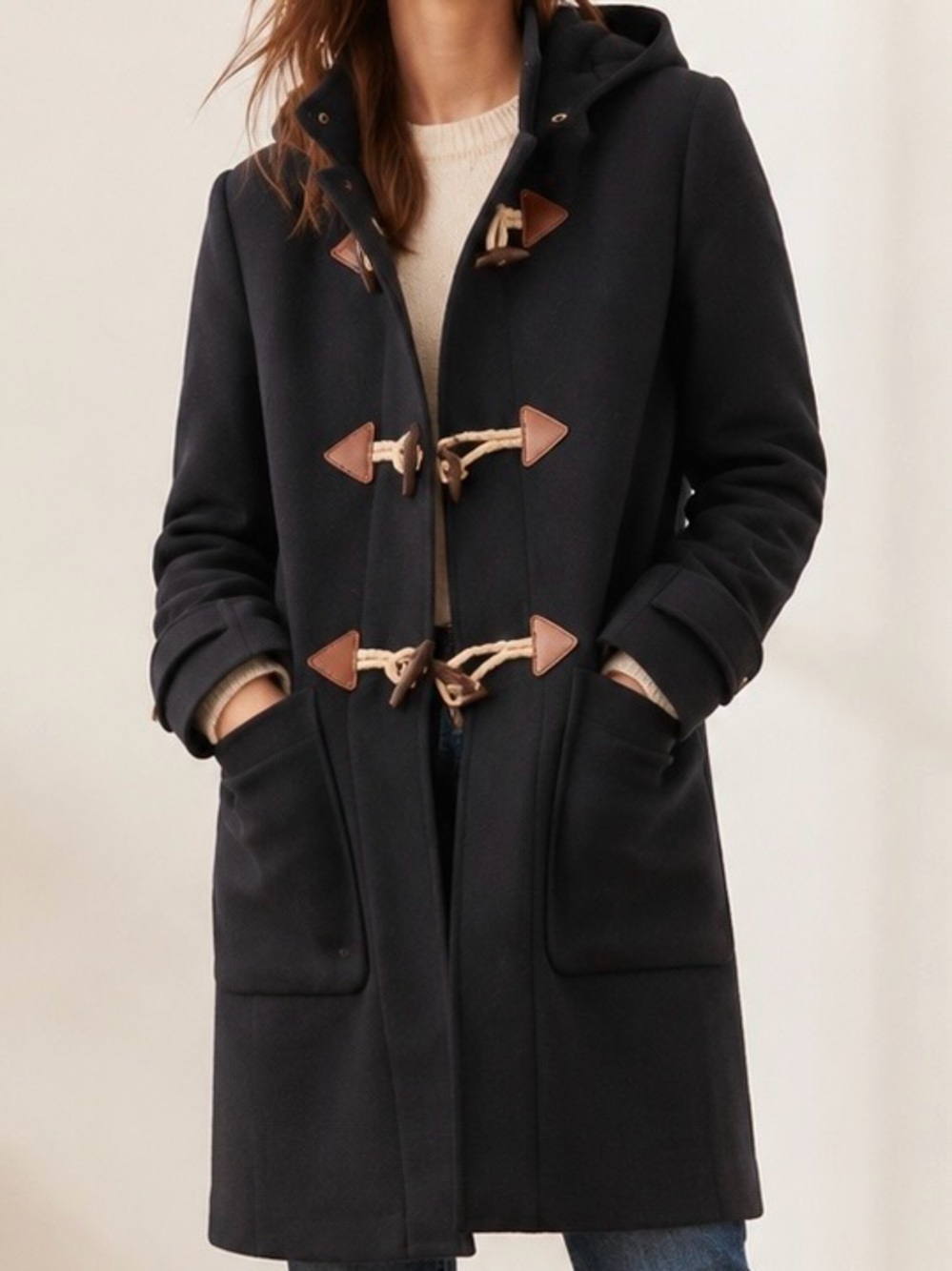 J. Crew Factory Black Wool-Blend Long Toggle Closure Coat with Hood Size 2